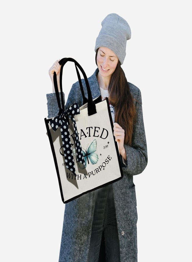 BXVRT Christian Shoulder Beach Bag, Created With A Purpose Canvas Tote Bag, Inspirational Gifts For Women, Bible Verse Butterfly Shopping Bag, Birthday Christmas Motivational Gifts For Friends -30 - Image 3
